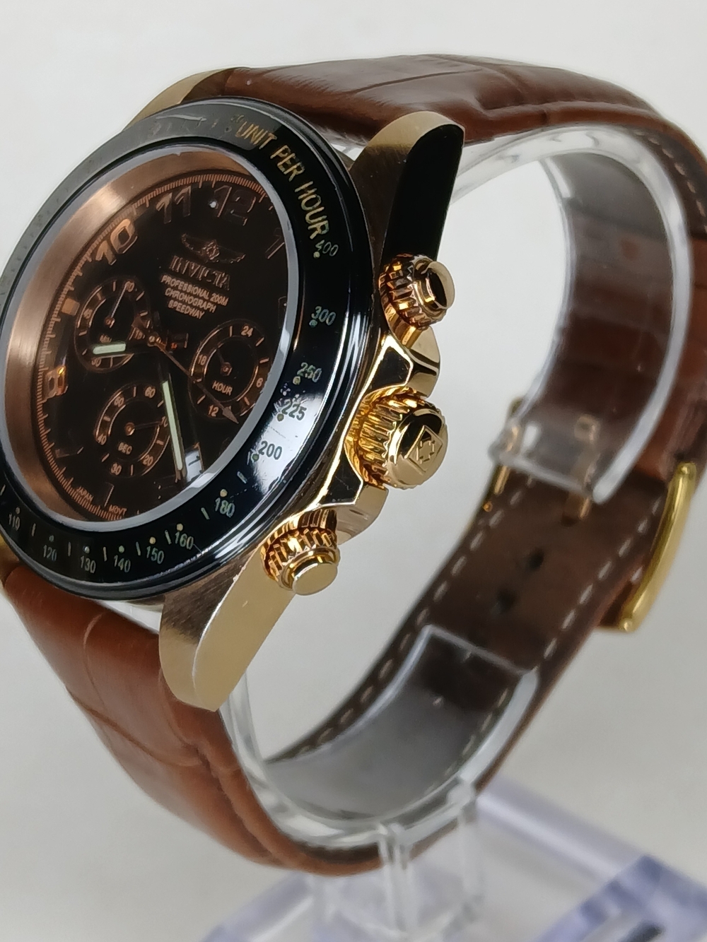 Invicta Speedway 10712 Gold Tone Brown Dial Chronograph Watch 200M Leather - Picture 7 of 10
